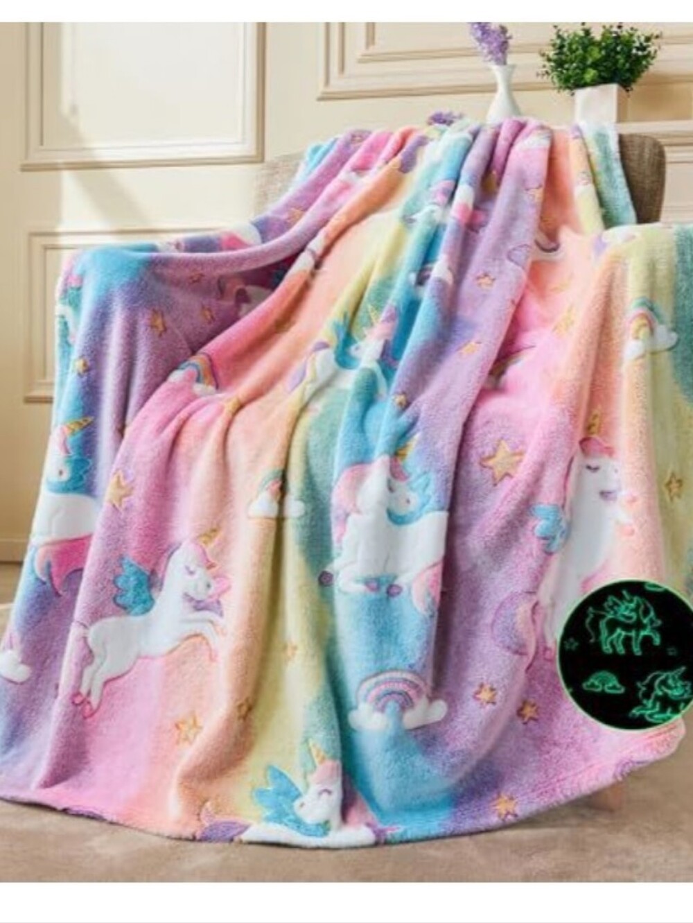 Kids Unicorn Rainbow Plush Pajama Blanket - Multicolor Glow In The Dark